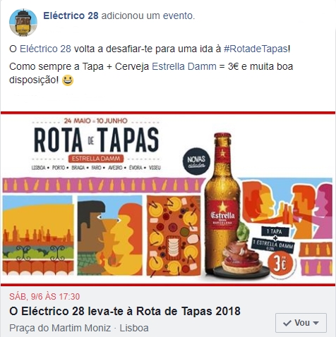 O Eléctrico 28 volta a desafiar-te para uma ida à Rota de Tapas! Como sempre a Tapa + Cerveja Estrella Damm = 3€ e muita boa disposição!